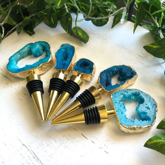 Blue Crystal Quartz Druzy Geode gold plated wine bottle stopper topper stone - Picture 8 of 11